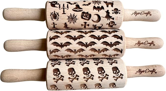 HALLOWEEN 3 Mini Embossed Rolling Pin Set. Wooden Laser Engraved Textured rolling pins for Cookies, Modeline, Ceramic with Skulls, Bats, Halloween by Algis Crafts