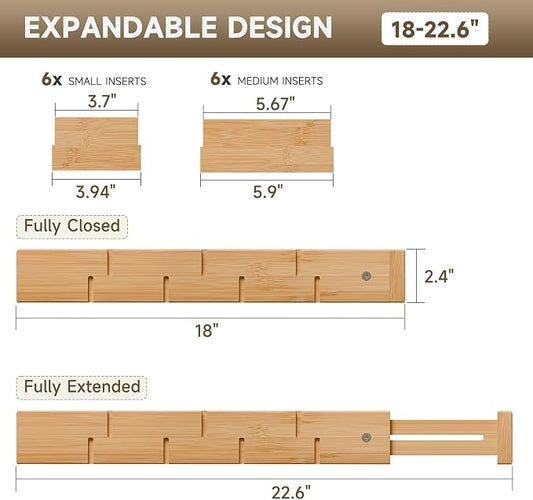 Bamboo Drawer Dividers, Expandable Kitchen Drawer Organizer, Include 6 Dividers, 6 Small Inserts and 6 Medium Inserts for Home, Office, Dressers