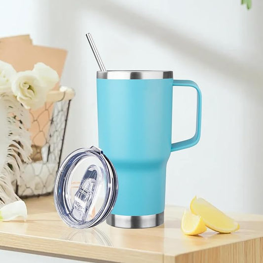 20oz Insulated Tumbler with Handle Stainless Steel Travel Coffee Mug with Lid and Straw Double Wall Vacuum Leak-proof Reusable Thermal Water Cup for Hot and Cold Drinks (Sky blue,1 Pack)
