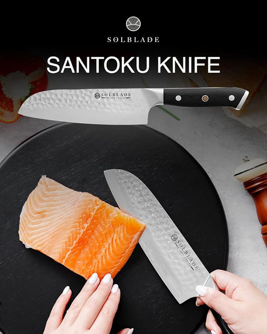 Santoku Knife 7 inch Blade - Origin Series - VG10 Japanese Damascus Steel - Razor Sharp - G10 Black Handle - Professional Full Tang Santoku Knife (Black), ORG-ST-BL-7