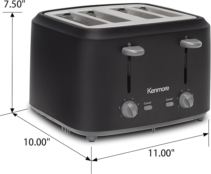 Kenmore 4-Slice Toaster with Dual Controls, Matte Black and Grey, Wide Slots, Self-Adjusting Bread Guides, Adjustable Browning, 6 Shade Settings, Toast, Bagels, Waffles, English Muffins, Small