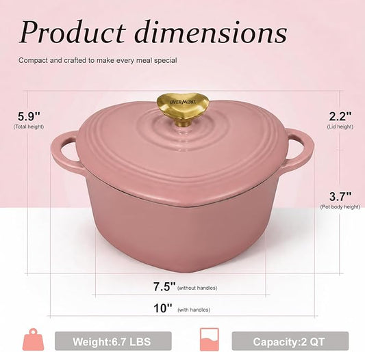 Overmont Heart-Shaped Enameled Cast Iron Dutch Oven, 2QT Pink Mini Pot with Lid for Cozy Meals, Soups & Small Batch Baking, Cute Kitchen Cookware Gift for Wedding, Housewarming & Birthday