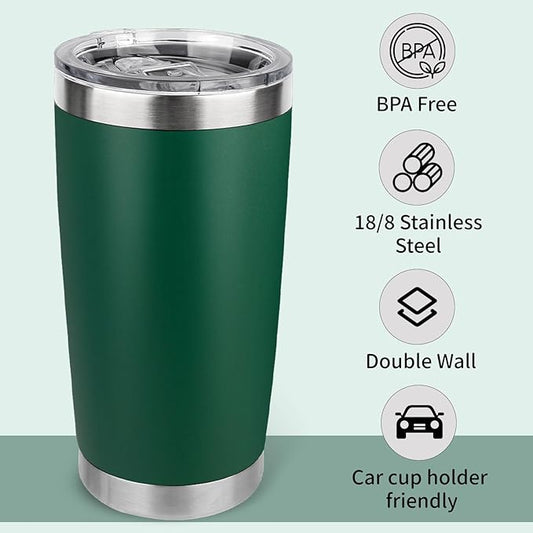 20oz Stainless Steel Tumbler with Lid, Travel Mug - Double Wall Vacuum Powder Coated Cup - Dark Green, 1 Pack
