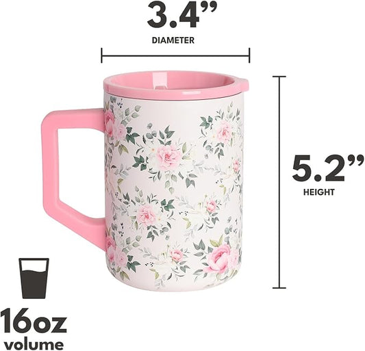 Elemental Insulated Coffee Mug - Triple-Wall Stainless Steel Summit Travel Cup for Hot and Cold Drinks - Thermal Coffee Mug with Lid and Handle for Camping, Office & Travel 16oz - Rose Garden