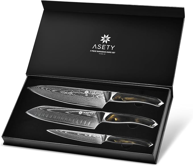 ASETY Damascus Knife Set 3 PCS: Ultra-Sharp Professional Chef Knife Set, Japanese Kitchen Knives with VG10 Steel Core, Full Tang Resin Handle, Elegant Box for Men Women, Fathers day