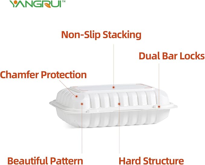 YANGRUI 150-Pack 28oz 9x6 Rectangular Hinged Container - Mineral-Filled PP | Clean Packed Ready to Use | Heavy Duty Meal Prep & Takeout Boxes | Microwave Safe for Sandwiches, Leftovers & Catering