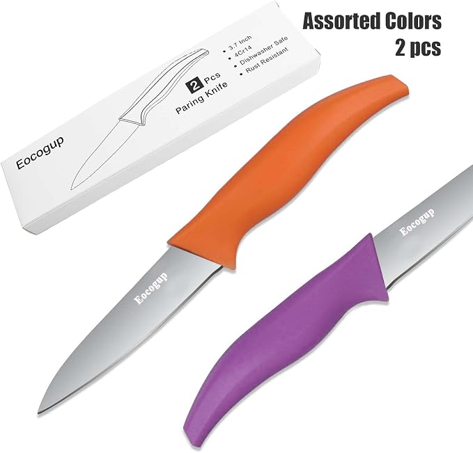 Eocogup Paring Knife,3.7 inch Fruit and Vegetable Knife,Stainless Steel Dishwasher Safe Rust Proof Super Sharp,Comfortable Bigger Handle,PP Plastic Colors Handle(Set of 2)