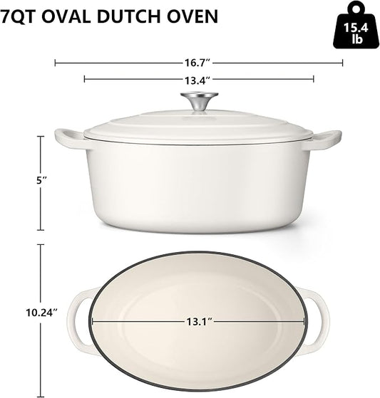 TeamFar 7QT Oval Dutch Oven, Enameled Cast Iron Dutch Oven Pot with Lid, For Bread Baking/Stewing/Braising/Frying, Suitable for Various Stoves, Non-stick & Easy Clean, White