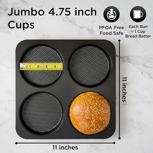 Wrenbury Hamburger Bun Pan Carbon Steel Nonstick - 4-Cavity Baking Mold | for Homemade Burger Buns Bread Rolls and Mini Pies