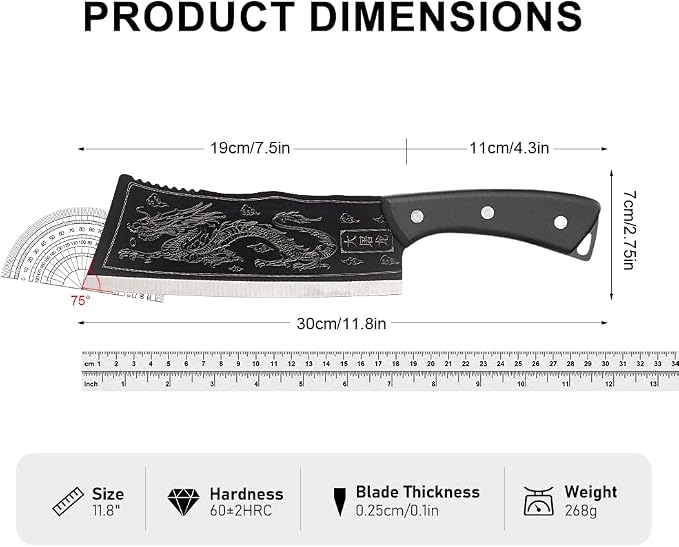 Dragon Engraved Chinese Cleaver with Sheath, High Carbon Stainless Steel Sharp Chef’s Tool for Kitchen, Meat Cleaver, Vegetable or Meat Cutting, Cool for Men, Ideal for Home Cooking or Camping