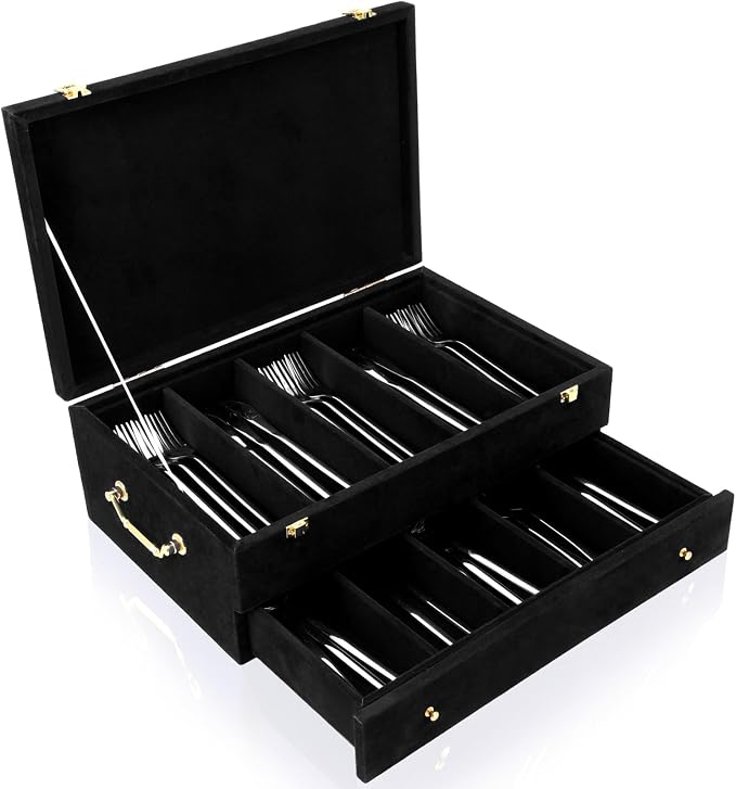 Pickmesh Silverware Case with Lid and Handle, Silverware Storage Box Sterling Silver Flatware Chest Without Silver Tarnish Proof Utensils Organizer for Kitchen Decor Wedding Gifts (Black,2 Layer)