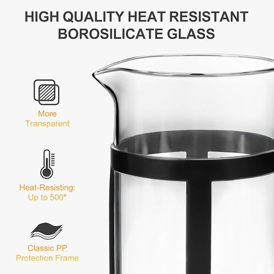 Chiallco Mini French Press Coffee Maker, Heat Resistant Thickened Borosilicate Classic Glass Stainless Steel Coffee Press, 12OZ Heat Cold Brew Coffee Pot Tea Press for Kitchen Travel Camping,Black