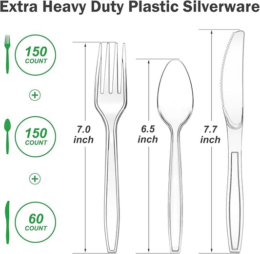 Dealusy 360 Count Extra Heavy Duty Clear Plastic Silverware, 150 Forks, 150 Spoons, 60 Knives, BPA-Free, Heat Resistant, Disposable Plastic Utensils Set, Plastic Cutlery Set, Plasticware Bulk