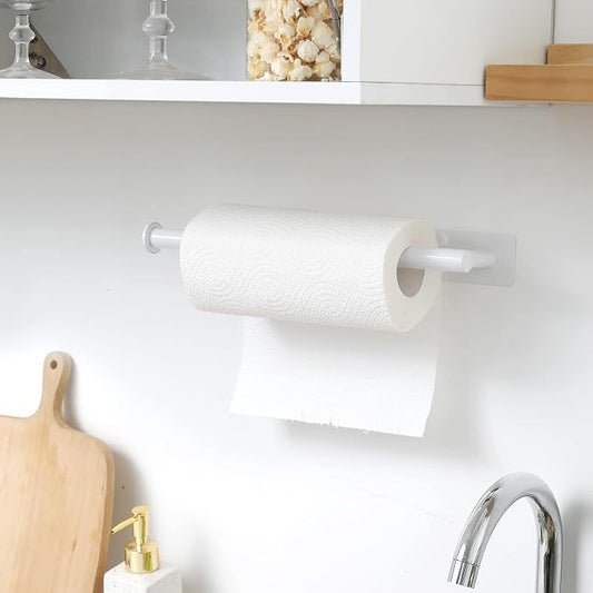 theaoo White Paper Towel Holder - Under Cabinet Paper Towel Holder for Kitchen, Adhesive Paper Towel Roll Rack for Bathroom Towel, Wall Mounted Paper Towel Rack, SUS304 Stainless Steel