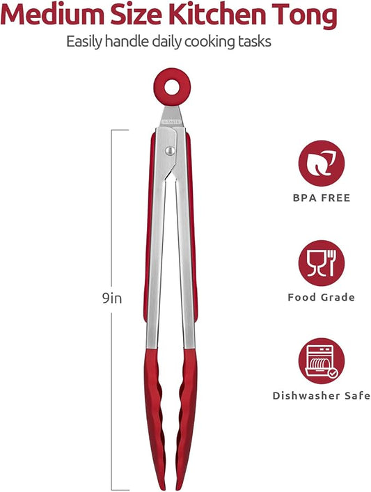 Heat Resistant Silicone Kitchen Tong: U-Taste 9 inch 480ºF Hot Proof Cooking Tong with Firm Sealed Non Stick Rubber Tips & Silicon Coated Steel Handle & Smooth Locking for Serving Grill Salad (Red)