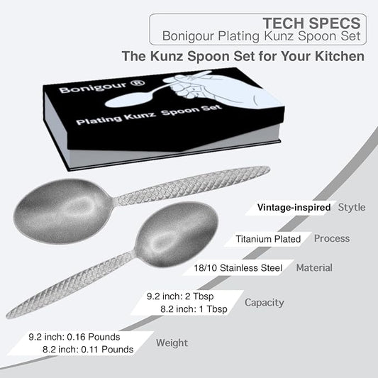Kunz Spoons - Professional Chef Spoon Set for Basting, Plating, Quenelle, Serving, Sauces| Vintage-inspired 8" & 9" Spoon Set| Culinary Plating Tools with Non-Slip Grip (Matte Silver)