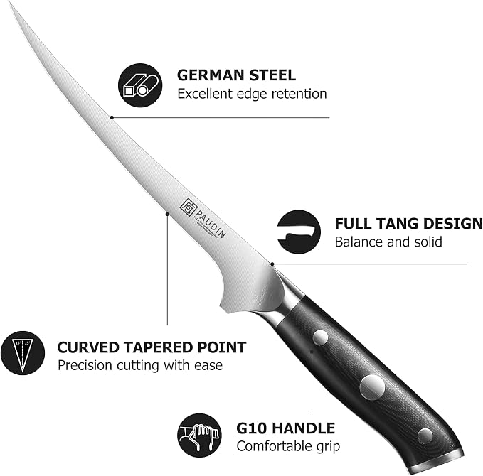 PAUDIN Fillet Knife, 7" Flexible Boning Knives with G10 Handle, Dishwasher Safe High Carbon German Steel Fish Knife for Meat Trimming, Deboning & Skinning,Professional Holiday BBQ Cooking Gift for Men