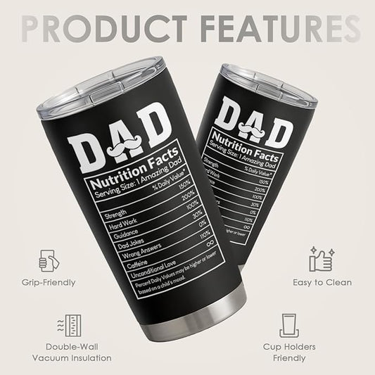 SANDJEST Tumbler Gifts for Dad from Daughter, Son - Dad Nutrition Facts 20oz Stainless Steel Insulated Coffee Travel Mug Christmas, Birthday, Father's Day Gift