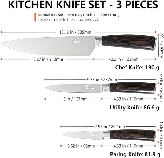 MERKEN 3 Piece Kitchen Knife Set with Gift Box, 8 inch Chef Knife, 5 inch Utility Knife and 3.5 inch Paring Knife