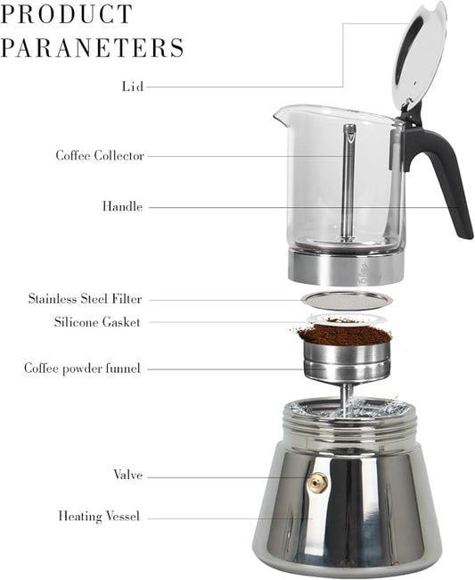 LAOION Stovetop Espresso Maker, 9Cup 360ml Moka Pot, Crystal Glass-top & Stainless Steel Coffee Maker Mocha Pot, Greca De Cafe, Cuban and Italian Coffee Maker for Cafetera Cubana