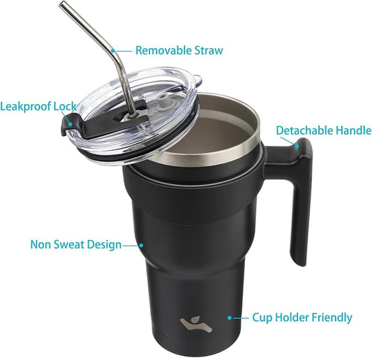 Konokyo 30 oz Tumbler with Handle and 2 Straw 2 Lid, Insulated Water Bottle Stainless Steel Vacuum Cup Reusable Travel Mug,Black
