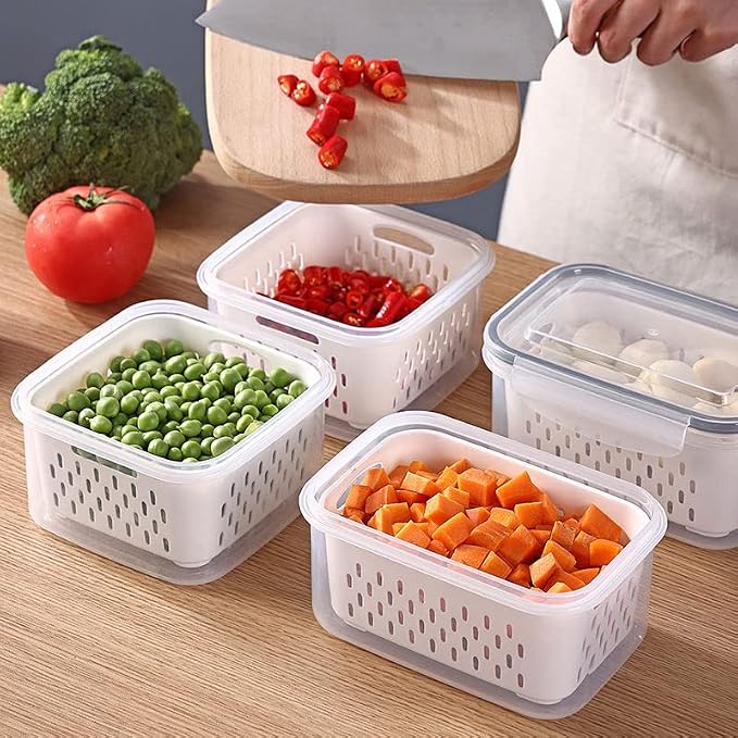 KUK 5 Pack Fruit Storage Containers for Fridge, Leakproof Food Containers with Removable Colander, Fruit Containers for Fridge BPA Free Produce Containers Keep Vegetables Berry Meat Fresh Longer (5)