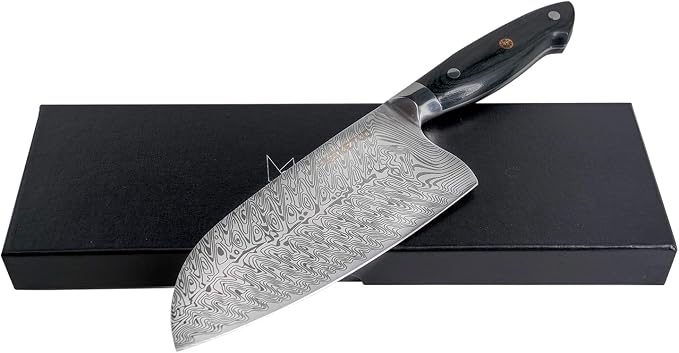 Ketuo Professional Chef Knife Damascus Carbon Steel with Laser Pattern Blade and Black Pakka Wood (7 Inch Cleaver Knife)