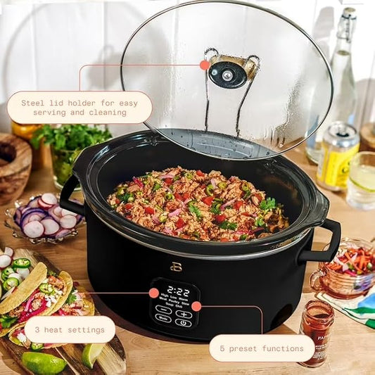 B 6 Qt Programmable Slow Cooker with Digital Timer, 5 Cooking Functions, Removable Ceramic Pot, Tempered Glass Lid, Dishwasher Safe (Black Sesame)