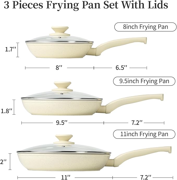 Frying Pan Set with Lids - Nonstick Frying Pan of 3, Non Stick Granite Cookware Set, Induction Egg Omelette Cooking Skillet W/Lid, Healthy No Toxic Cookware, PFOA Free