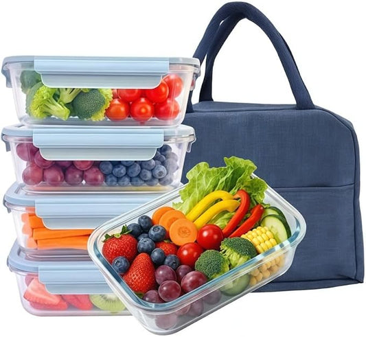 5Pack (23oz with Lunch Bag) Glass Food Storage Containers with Lids for Kitchen Meal Prep, Fridge Organization, Lunch Box