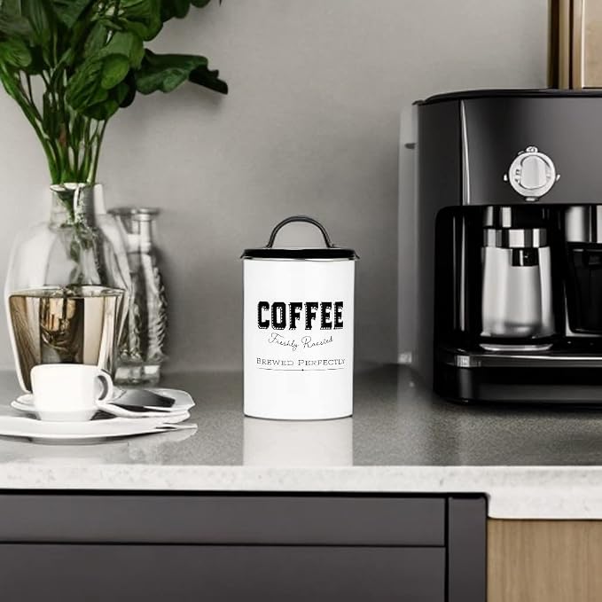 Amici Home Cottage Metal Coffee Canister (Small) - 42 oz Modern Black & White Tin with Handle Lid, Classic Typography Design for Coffee Storage - Rustic Kitchen Storage, Holiday Coffee Bar Decor