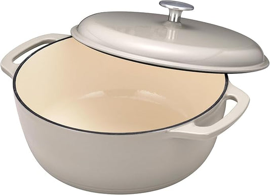 Amazon Basics Cast Iron Dutch Oven Pot with Lid, Enameled, Dual Handles, Round, Heavy-Duty, Medium, 6-Quart, Linen Gray
