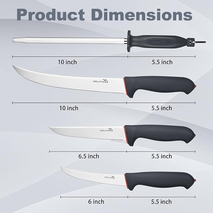 DELFINA 4 PCS Butcher Knife Set, German 1.4116 Steel Blade For Meat Cutting Skinning Boning Trimming, Non-Slip Softgrip & Incl. 10" Sharpener Rod