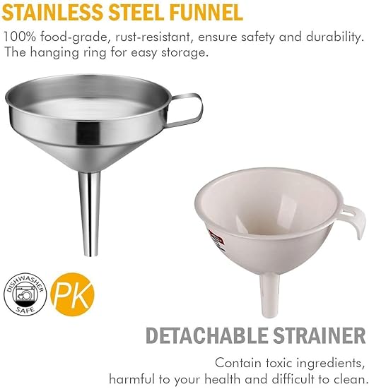 Kitchen Funnel, 3 Piece Stainless Steel Funnels Set with Handle Design and Removable Strainer, Great for Transferring of Liquid, Fluid, Dry Ingredients & Powder, Funnels for Filling Bottles