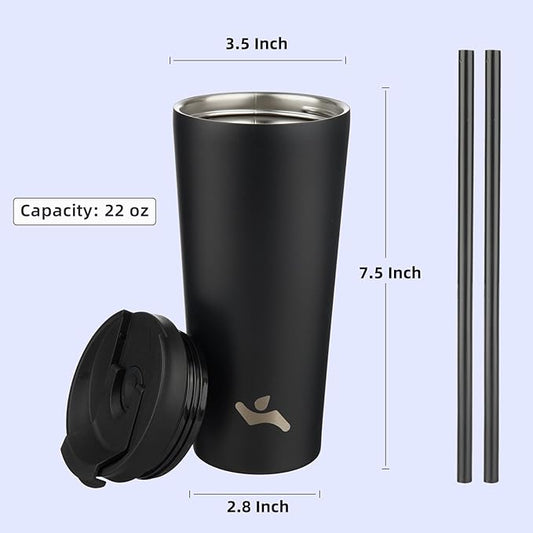 Konokyo 22 OZ Insulated Tumbler with Lid and 2 Straws Stainless Steel Water Bottle Vacuum Travel Mug Coffee Cup,Black
