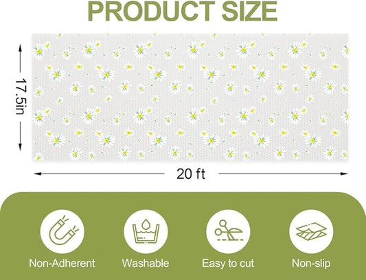 FEXIA Shelf Liner 17.5 Inch x 20 FT Daisy Non Slip Waterproof Cabinet and Drawer Liner for Kitchen Cabinet Refrigerator Pantry Closet Durable Non Adhesive