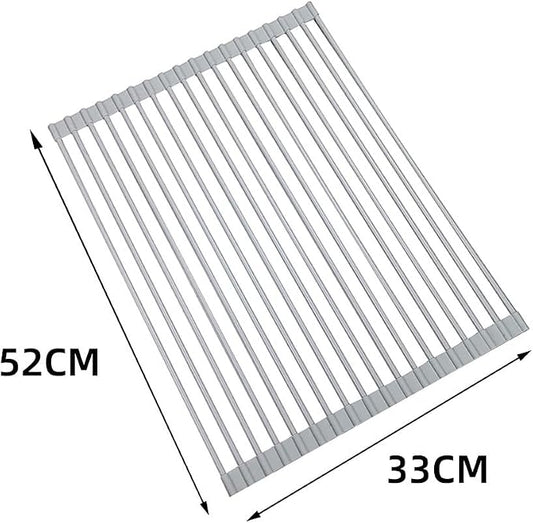 Roll Up Dish Drying Rack Over The Sink.Foldable Kitchen Drainer,Fully Silicone Cover Stainless Steel Bar,Heat-Resistant, Anti-Slip Sink Rack for Kitchen Counter Multipurpose.
