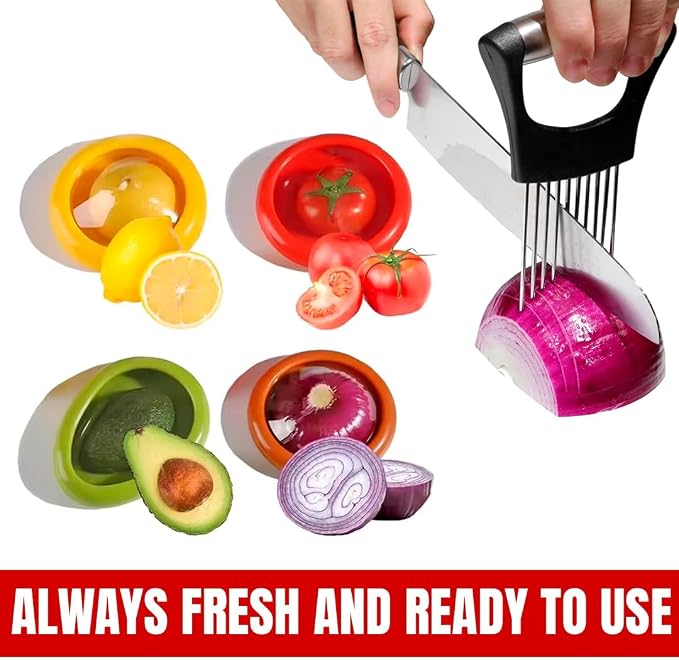Avocado Saver Holder and Tomato Storage Set of 4 | Stainless Steel Onion Slicer - Reusable Containers for Fruits, Garlic, Lemons, Potatoes, and Vegetables - Ideal for Slicing and Keeping Fresh