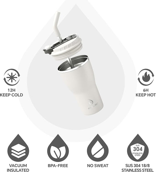 IDEUS Insulated Tumbler with Lid and Straw 14 oz, Stainless Steel Double-Wall Vacuum Leak-Proof Travel Coffee Mug, Cup Holder Friendly, White