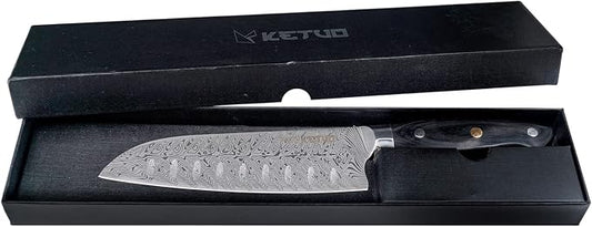 Ketuo Professional Chef Knife Damascus Carbon Steel with Laser Pattern Blade and Black Pakka Wood (7 Inch Santoku Knife)