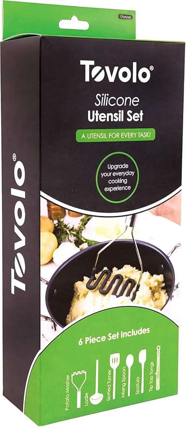 Tovolo Silicone Cooking Utensil Set of 6 Stainless Steel Handle Ladle Slotted Turner Tongs Flex Core Spatula Scraper Mixing Spoon & Potato Masher, Dishwasher Safe BPA Free Utensils, Charcoal Gray