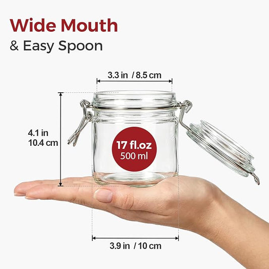 17oz Overnight Oats Containers, Glass Jars with Airtight Lids(Set of 6),3.3in Wide Mouth Straight-Sided Canisters with Gift Labels & Hemp Rope for Meal Prep, Dry Food Storage & On-the-Go