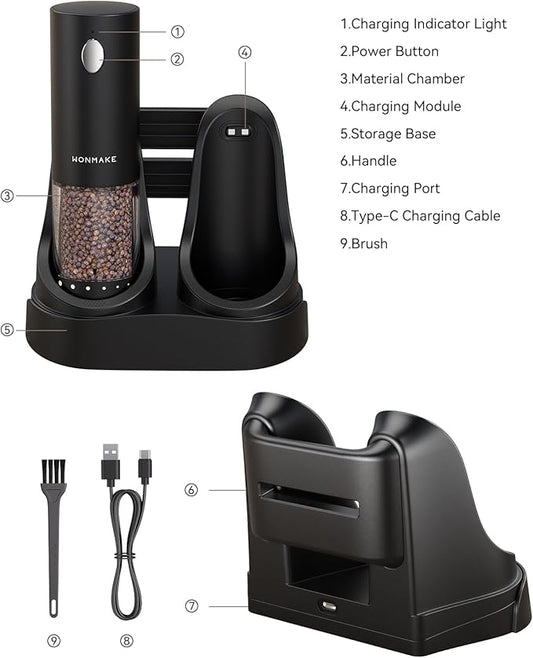 Electric Salt and Pepper Grinder Set - Automatic Refillable Salt and Pepper Grinders with Charging Base & LED Light, 6-Level Adjustable Coarseness with External Dial, Ideal Kitchen Gadget,Black& White