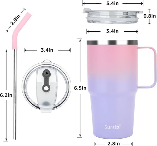 Sursip Insulated Coffee Mug with Handle and Lid, 24 oz Double Wall Vacuum Travel Thermal Coffee Tumbler with Straw for Home, Office Stainless Steel Coffee Cup - Leak proof (Pink&Purple)