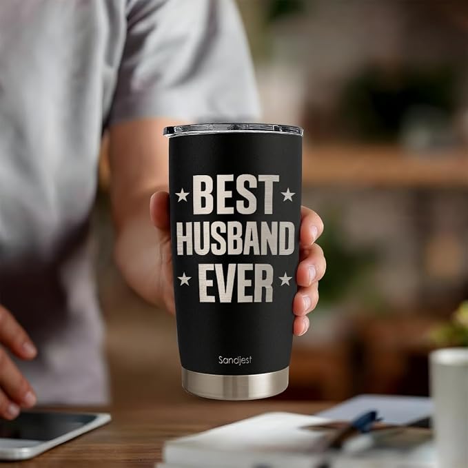 SANDJEST 20oz Insulated Tumbler for Husband, Stainless Steel Travel Mug with Lid, Best Husband Ever Coffee Cup for Men, Boyfriend Birthday Christmas Valentine