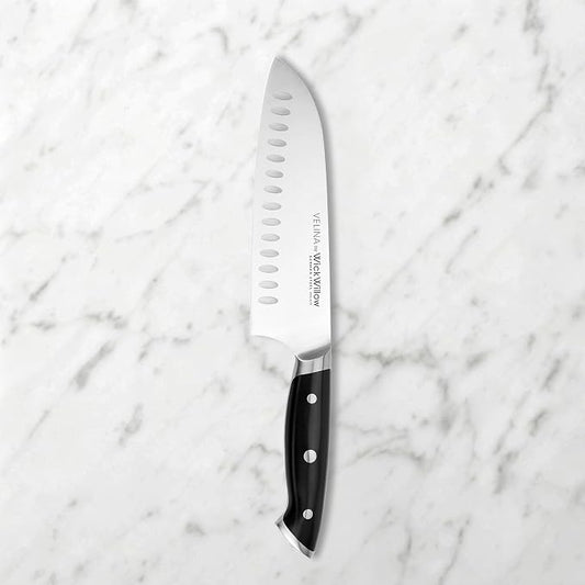 WICKWILLOW 7-Inch Santoku Knife - German X50CrMoV15 Steel, Hollow Edge Kitchen Knife for Meal Prep, Vegetables, Herbs & Boneless Proteins - Razor-Sharp, Full Tang, Ergonomic Handle, Gift Box
