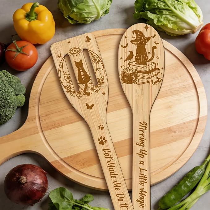 GLOBLELAND 6 Pcs Magical Cats Wooden Spoons Utensil Set Skeleton Bamboo Carving Kitchen Cooking Utensils Wooden Engraved Cooking Spatula Sets for Kitchen Fun House Warming Gift