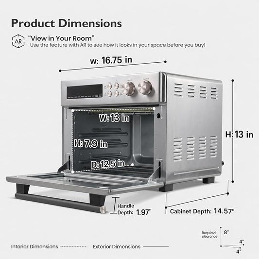 VAL CUCINA Infrared Heating 26.3 QT Air Fryer Toaster Oven, Large Countertop Convection Oven 10-in-1 Combo, 6-Slice Toast, Enamel Baking Pan Easy Clean with Recipe Book, Brushed Stainless Steel Finish