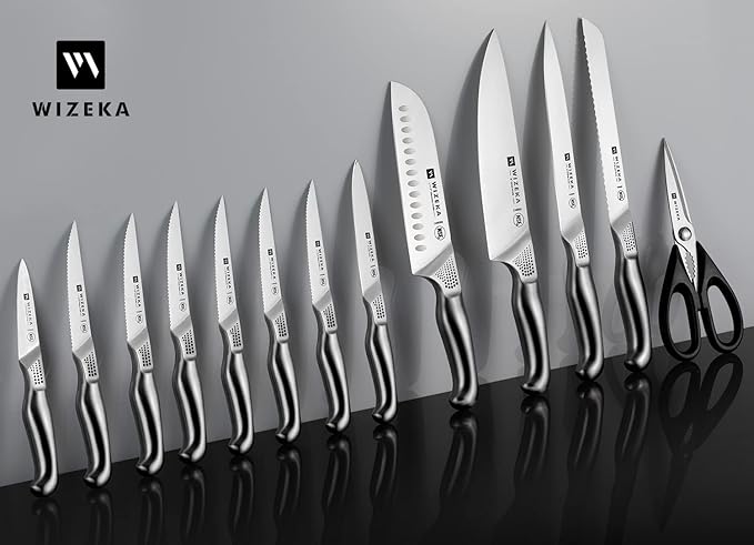 WIZEKA Kitchen Knife Set with Block: 15PCS German Stainless Steel Knife Block Set,One-Piece Design Knives Set for Kitchen, Professional Knife Set with Built-in Sharpener,Starry Sky Series Fathers day