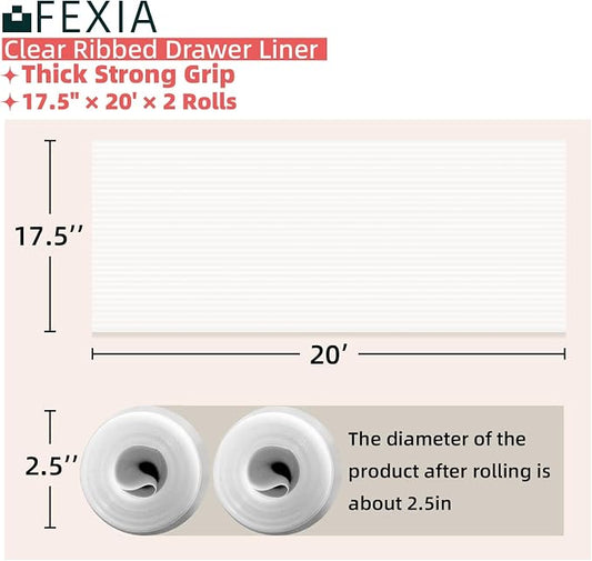 FEXIA Shelf Liners for Kitchen Cabinets Non-Slip Drawer Liner 17.5 Inches x 20 FT Waterproof & Oil-Proof Non Adhesive Durable Material Fridge Liner for Shelves (2 Rolls)